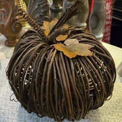 Large Rustic Stick Pumpkin With Metal Leaves
