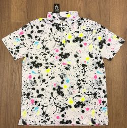 Sunday Swagger Men’s Golf Polo Large White Multicolor Paint Splatter NWT