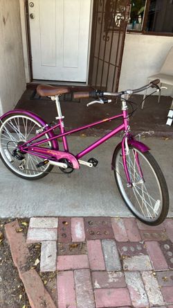 Purple Cruiser Bike with Brown Saddle