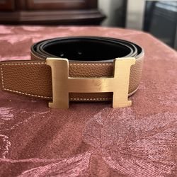 Hermes “H” Brown / black Leather Belt With Brass Buckle