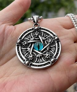 Stainless steel wiccan pentagram evil eye skull pendant necklace for men women