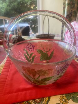 Fifth Avenue Crystal Hand Painted Floral Crackle Glass Basket