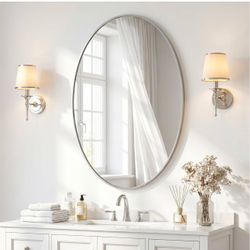 Oval Wall Mirror with Silver Metal Frame
