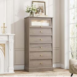 6 Drawer Dresser, 48.7'' Tall Dresser Chest of Drawers with Glass Drawer, 6 Drawer Chest , Ash Grey