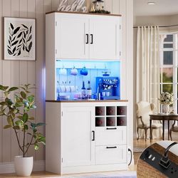 1990b  72" Tall Pantry Cabinet, Kitchen Pantry Storage Cabinet with LED Light & Outlet, Kitchen Hutch Bar Cabinet with Microwave Stand, Wine Rack, Dra