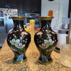 Pair of Vintage Chinese Cloisonné Vases – Black Floral Enamel with Brass Trim