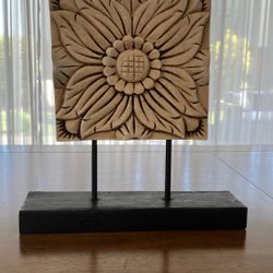 Modern Floral Carved Wood Sculpture on Wooden Base