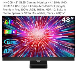 INNOCN 48" OLED Gaming Monitor 4K 138Hz UHD HDMI 2.1 USB Type C Computer Monitor FreeSync Premium Pro, 100% sRGB, 10Bits, HDR 10, Built-in Stereo Spea