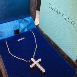 Tiffany Rare Diamond Cross 18k White Gold 18” Chain 