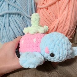 Handmade Crochet Plushie Strawberry Turtle - 9in Long And 7in Tall - Baby Shower Gift