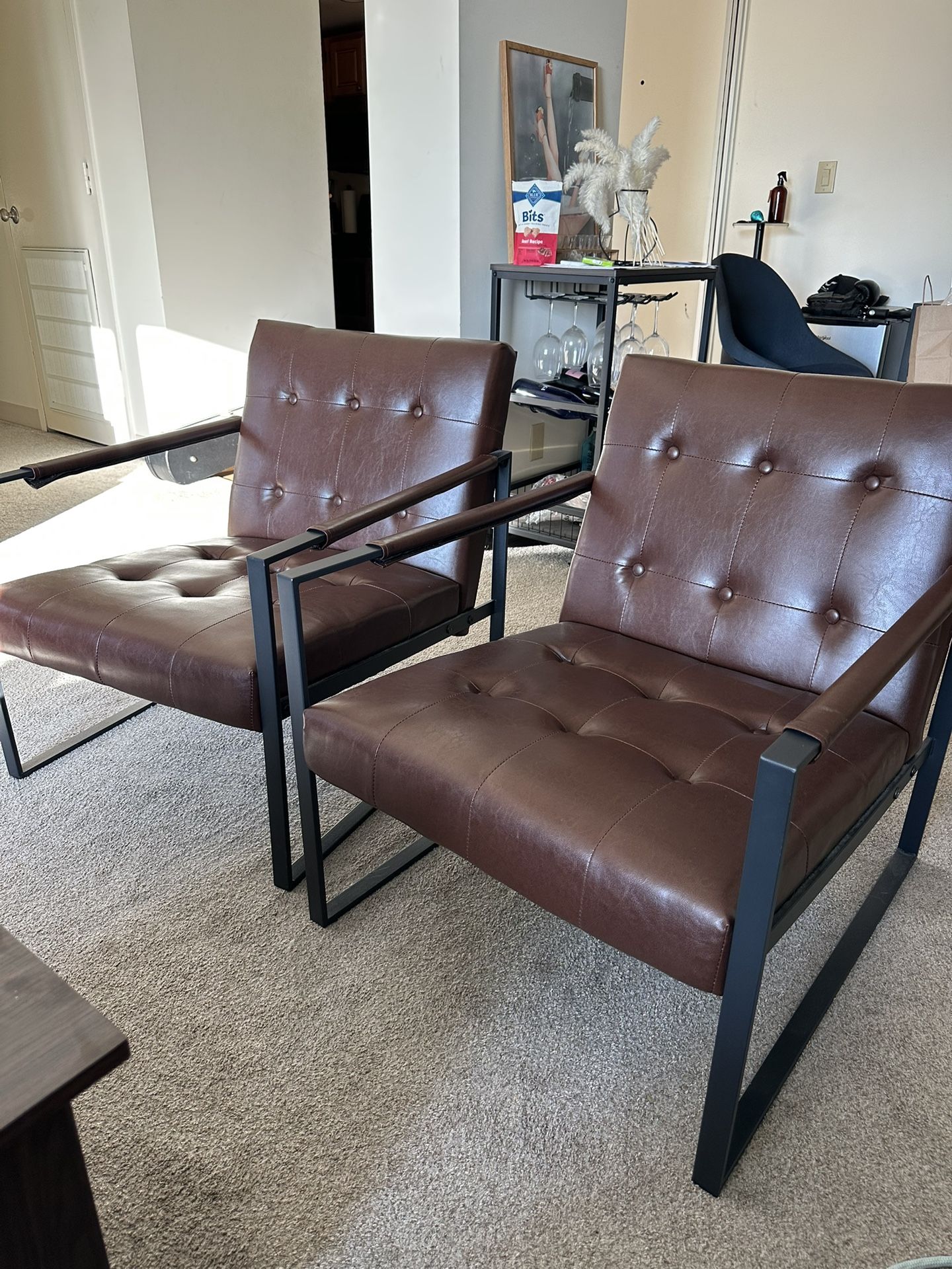 2 Faux Leather Tufted Armchairs – $50 Each or $100 for Pair