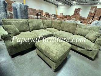 NEW Sage Vintage Green Soft Plush Fabric Corner Sectional Sofa and Ottoman Set Couch Ashley Style Designer Discount Furniture Warehouse BIG SALE