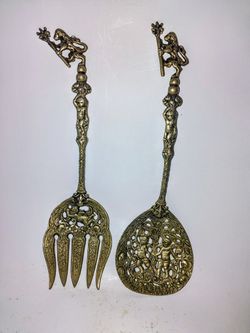 Vintage Ornate Brass Serving Spoon & Fork Set Cherub Angel Motif Decorative Salad Utensils Antique Style Metal Flatware