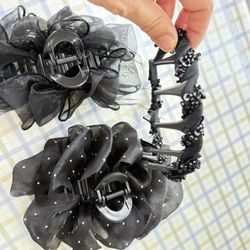 Black Floral Hair Claw Clips and Beaded Headband Set