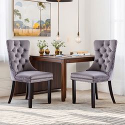 Velvet Dining Chairs Set of 2, Upholstered Tufted Wingback Dining Room Chair with Nailhead Back Ring Pull Trim Solid Acrylic Legs, Contemporary Nikki 