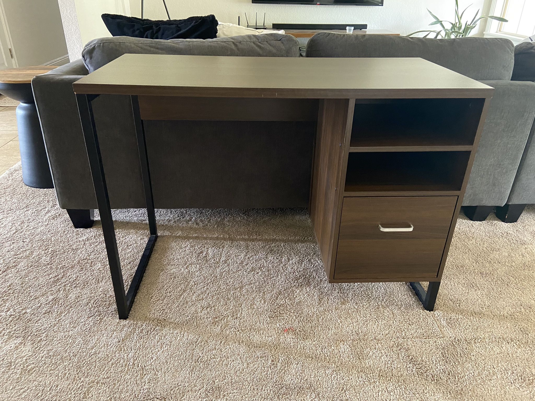 Dark Brown & Black Metal Desk w/ Drawer