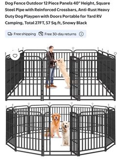 Dog Fence Outdoor 12 Piece Panels 40" Height, Square Steel Pipe with Reinforced Crossbars, Anti-Rust Heavy Duty Dog Playpen with Doors Portable for Ya