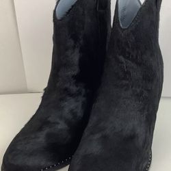 London Rebel Western Pony Fur Ankle Boots Size 9.5 SAM Pointed Toe Stacked Heel