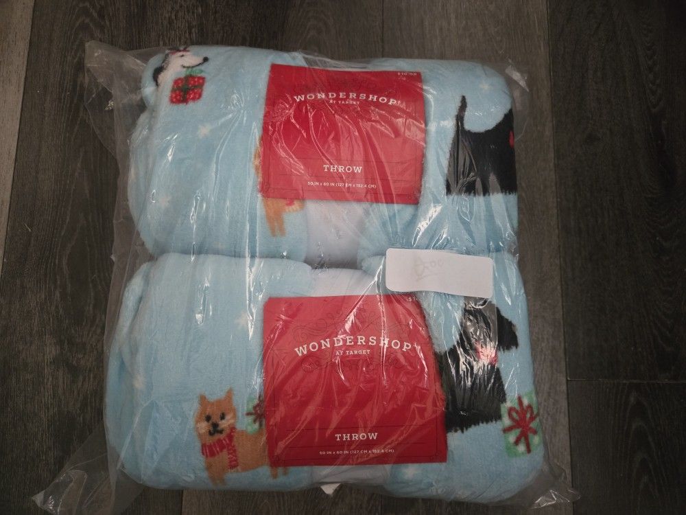 2 Holiday Plush Dog/Animal Print Blanket Throw