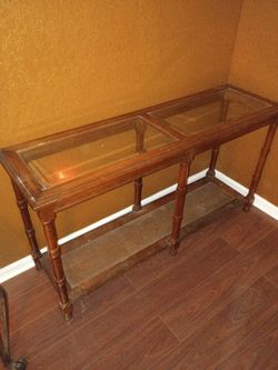 VTG rattan & glass MCM "organic" style wood console table