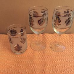 Vintage Libby Frosted Silver Leaf 2 Wine Glasses And One Glass