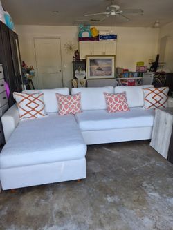White Fabric Sectional Sofa with Chaise