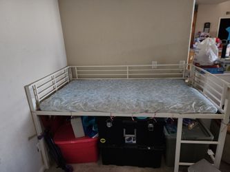 White Metal Loft Bed with Mattress