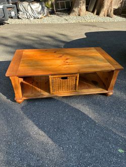 Solid Wood Coffee Table with Wicker Basket