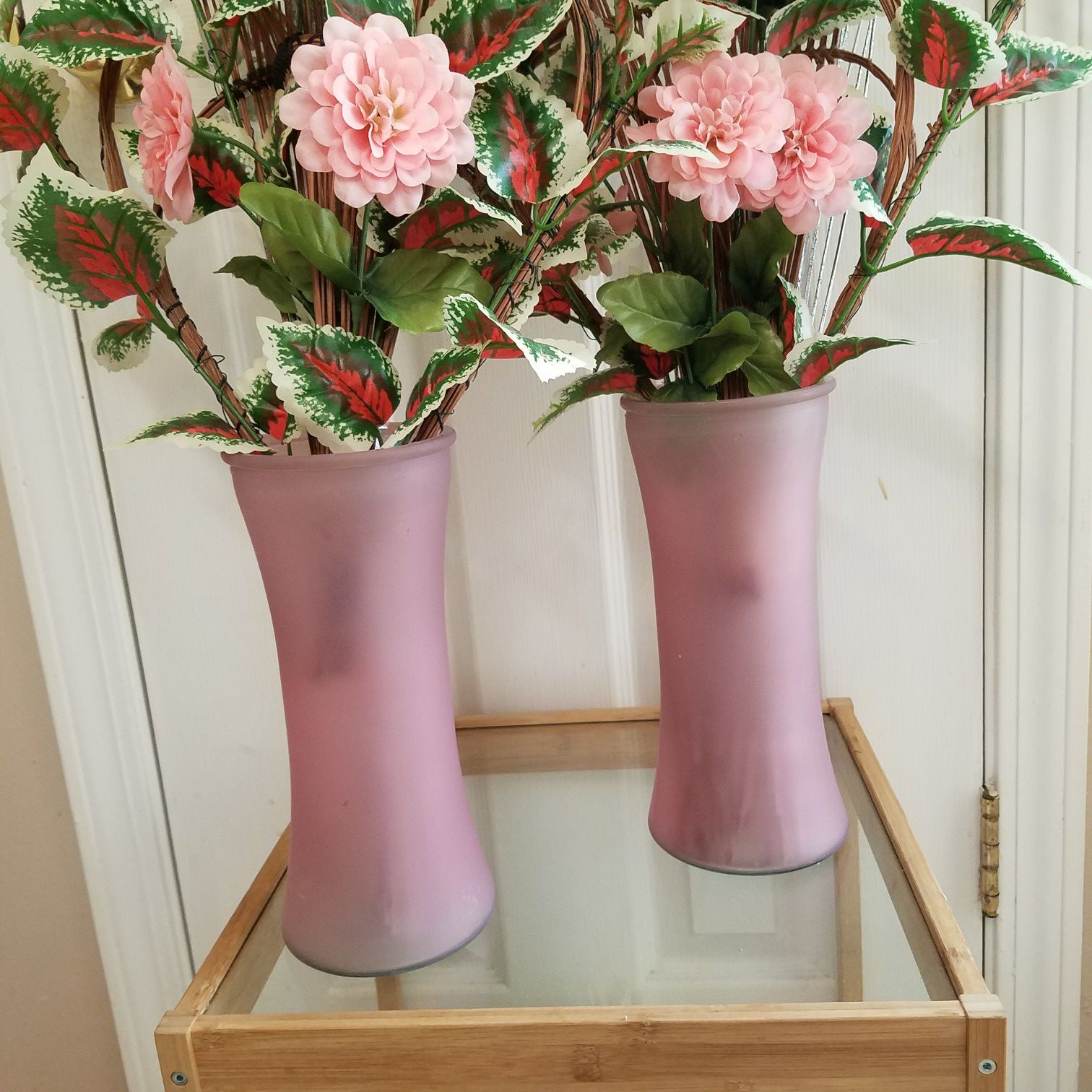 2 Pink Glass Vase with floral arrangements
