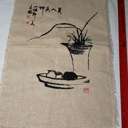 Vintage asian oriental burlap wall art