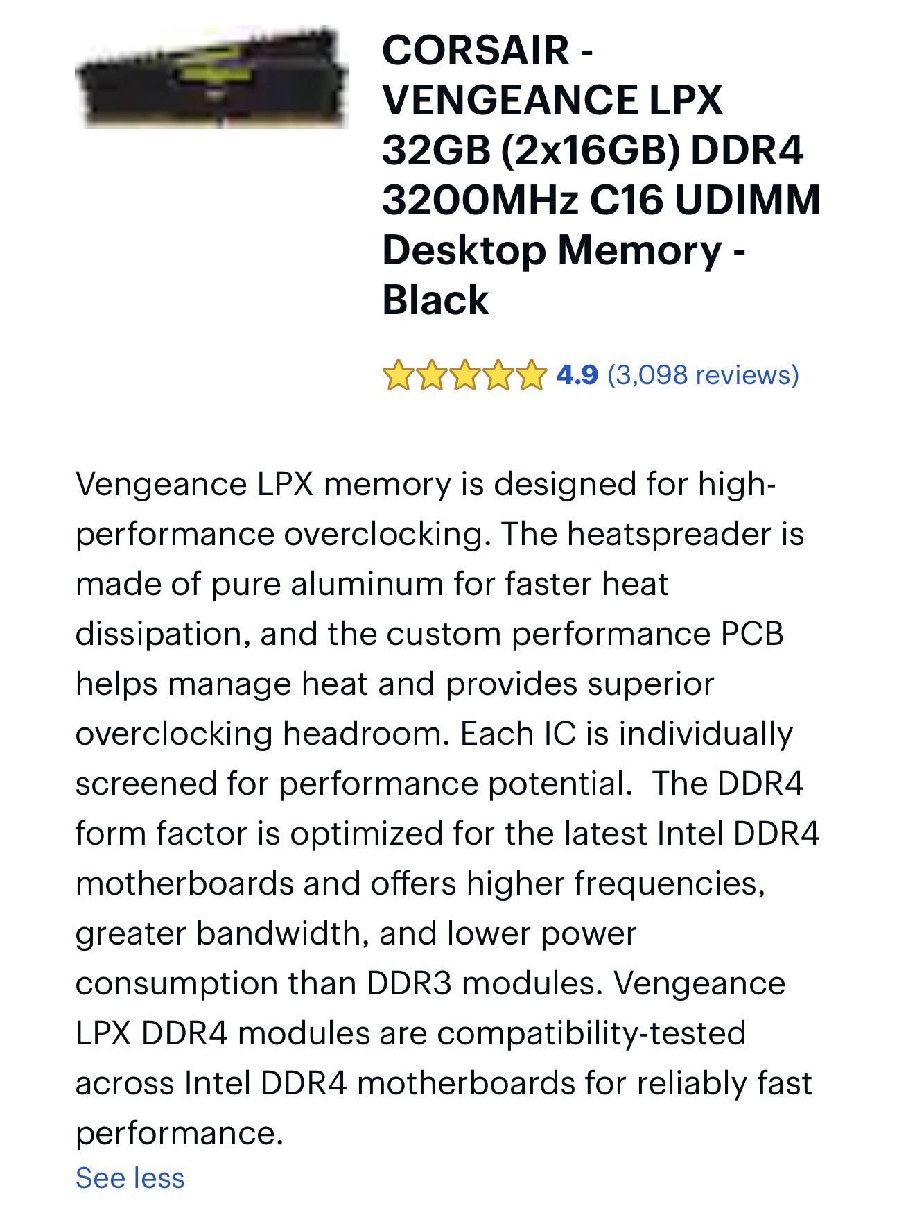 Corsair Vengeance LPX 32GB (2X16GB) DDR4 3000 Black vs Vengeance 
