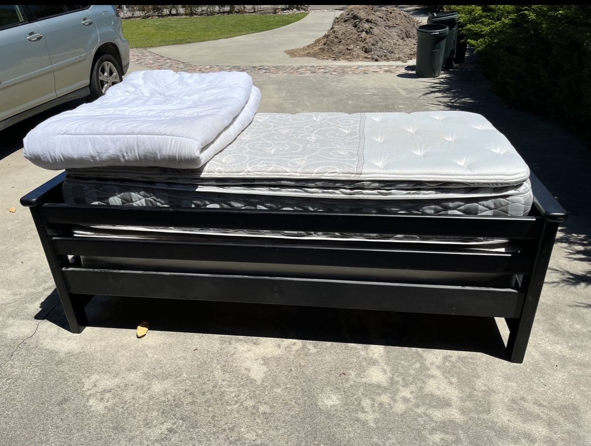 Trampoline, Leather Tufted Couch, Twin Loft Bed, Twin Mattresses, Oak