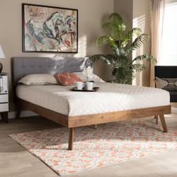 New Light Grey and Walnut Queen Size Mid Century Modern Platform Bed