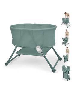 Ingenuity Snooze & Stow Bedside Bassinet for Baby, Easy-Folding Portable Bassinet with Sound, Light, Vibration, Mesh Sides, Storage Shelf & Wheels