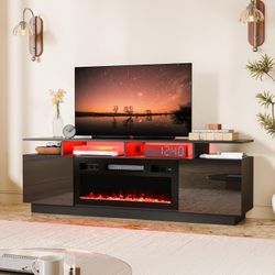 LED TV Stand with 30” Fireplace, 65” High Gloss Modern TV Console Entertainment Center with Storage&charging station for 50-75in TV