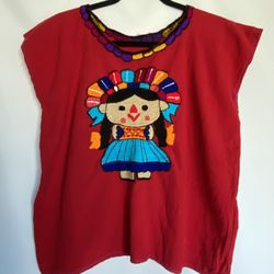Womens Medium Mexican Embroidered Shirt Gauze Cotton Oaxacan red