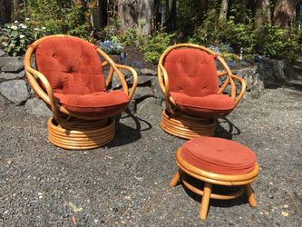 RARE PAIR of 1960’ 70’s Vintage MCM Rattan Bamboo Tiki Swivel Rocking Chairs With Stool