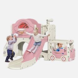 Pink , 9in1 Toddler Slide, Kids Slide with Climber Playset, Indoor Outdoor Bus Playhouse