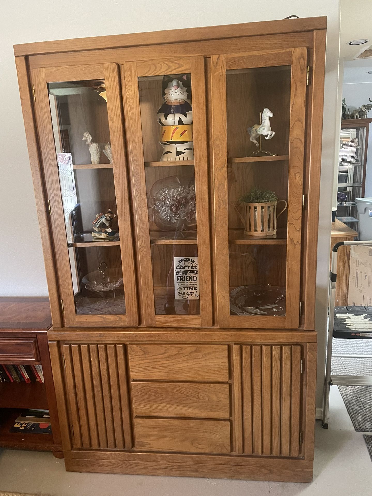 1980’s Solid Oak 2 Piece Post Modern Lighted China/Hutch Cabinet