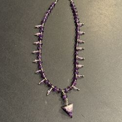 Amethyst and Sterling silver necklace, stunning piece. Marked .925 on hook clasp. 19” length