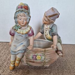 Antique Bisque Porcelain Children Figurine with Basket