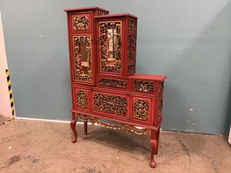 Antique Red Chinese Wedding Washbasin Step Cabinet with Gold Tone Fretwork