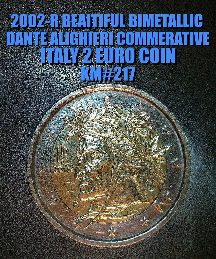 2002-R BEAUTIFUL BIMETALLIC ITALY 2 EURO DA TI ALIGHIERI KM# 217 AS SHOWN !