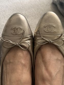 CHANEL Gold  Leather Ballerina Flat with Patent Tow and Bow