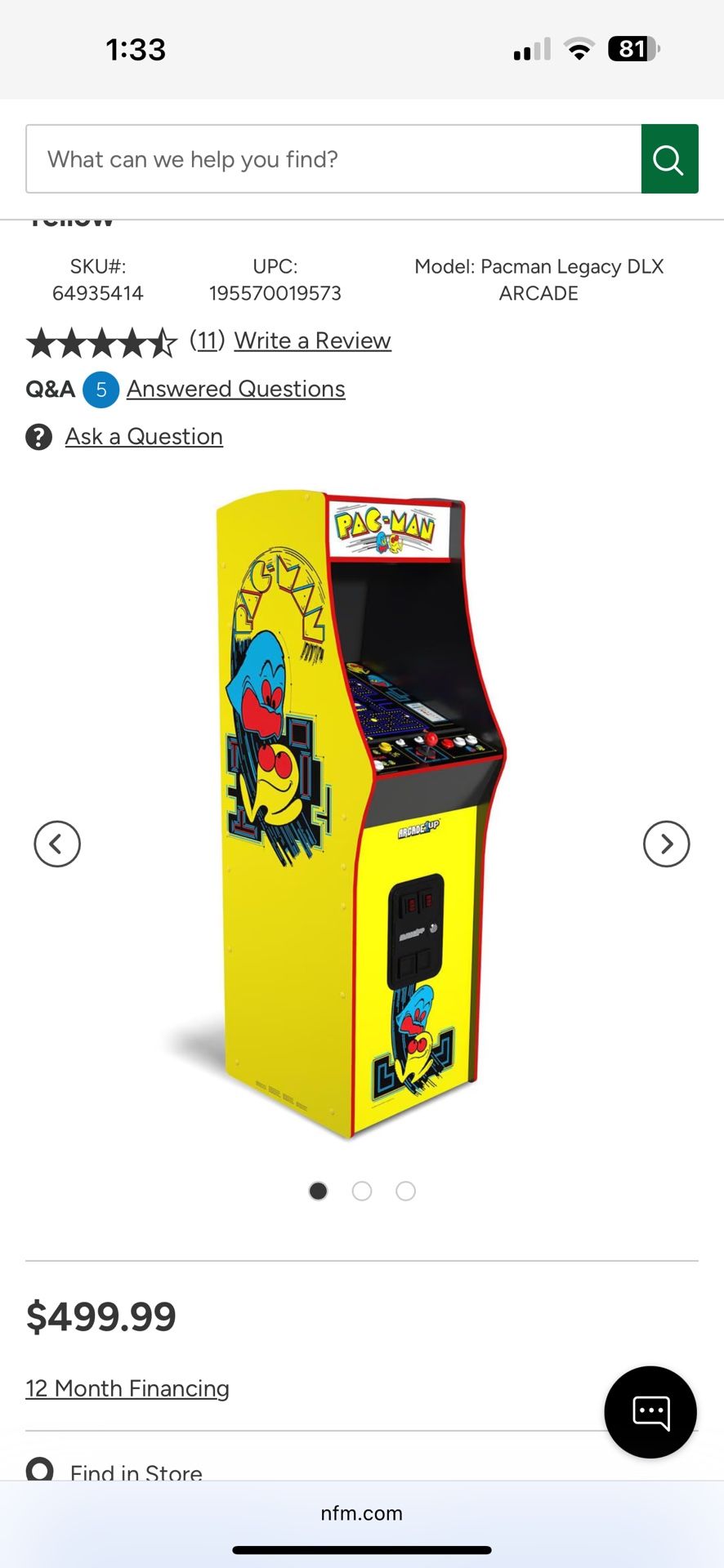 PAC MAN DELUXE ARCADE GAME IN YELLOW $275 NEW