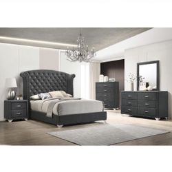 5 Piece Bedroom Set Brand New Firm Price $1,299 Grey Velvet Queen Bed Frame Dresser Mirror Nightstand & Chest