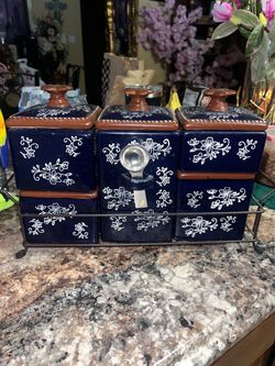 Cobalt Blue Ceramic Canister Set with Metal Rack