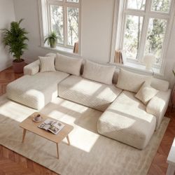 134 in. Square Arm Corduroy Upholstery U-Shaped with 5 Pillows and Removable Covers Modular Sectional Sofa in Beige