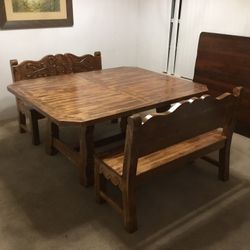 Solid Wood Dining Room Table with 2 Benches
