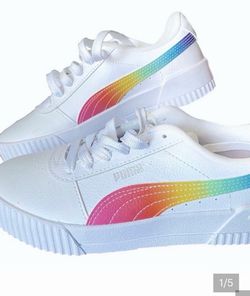 PUMA Kids' White Sneakers with Rainbow Side Stripe size 4.5 New in box!